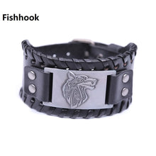 Load image into Gallery viewer, Vintage Wide Leather Woven Wolf Head Bracelet
