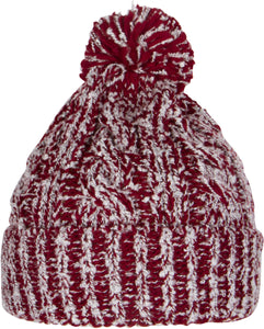Greer unisex heathered knit pom pom beanie hat in red and white with a large pom pom on top.