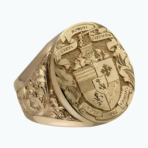 Vintage engraved Godfather ring in gold alloy with intricate design, ideal for fashion enthusiasts seeking timeless elegance.