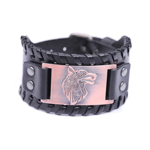 Vintage Wide Leather Woven Wolf Head Bracelet