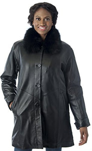 REED Women's Imported Lamb Leather Swing Coat with Real Fox Fur Collar