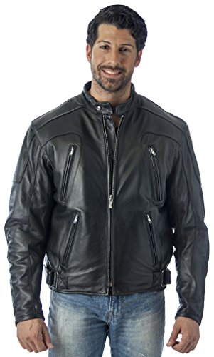 REED Men's Premium Leather Motorcycle Jacket with Zipper Air Vents in Black