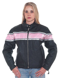 REED Ladies Leather Racer Motorcycle Jacket with Pink Stripe & Double Silver Stripes