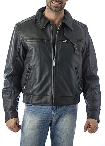 REED men's black leather motorcycle jacket with vents and neck warmer, high-quality naked cow leather
