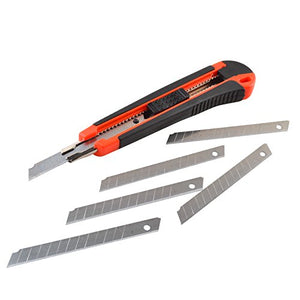 eZthings Heavy Duty 9mm Snap Off Box Cutter with blades for cutting wallpaper, vinyl, leather, and shrink-wrap, shown with spare blades.