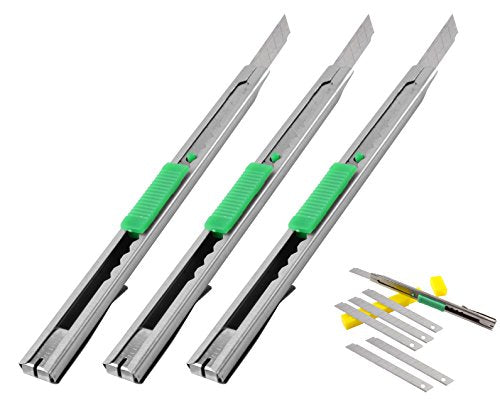 eZthings 9mm snap off blades box cutters set with auto-lock feature for cutting wallpaper, vinyl, leather, and shrink-wrap materials.