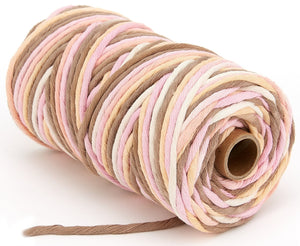 4mm Macrame Cord - Single Twist - Multicolor - Natural Browne and Pink - 100% Soft Cotton - Special Gift - DIY Macrame Projects - 85m/roll