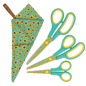 Special Gift Box Soft Grip Sunflowers Scissors Set - 3 Sizes - Handmade Fabric Case - All-Purpose Crafts, Office & School - Stainless Steel