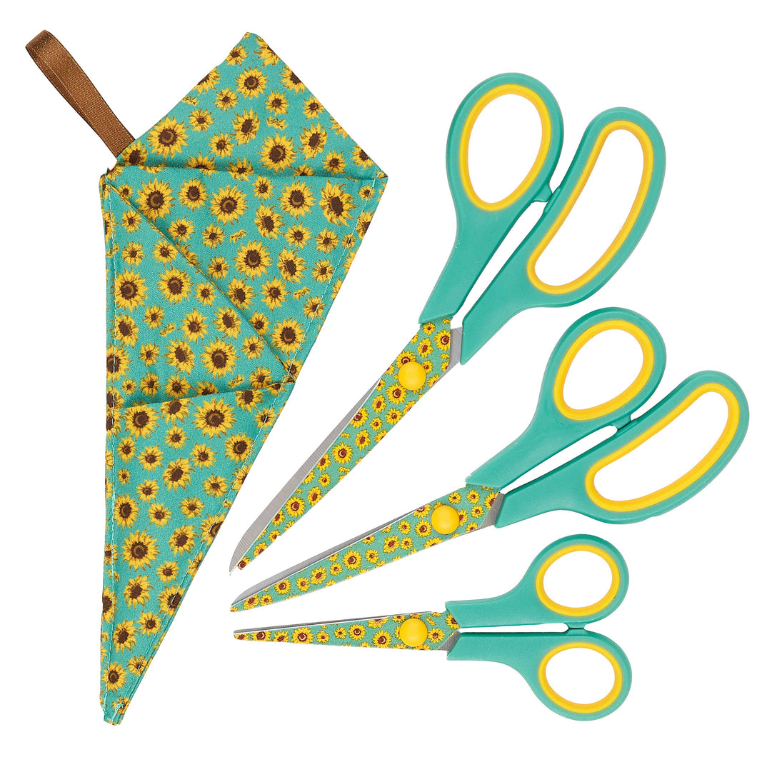 Special Gift Box Soft Grip Sunflowers Scissors Set - 3 Sizes - Handmade Fabric Case - All-Purpose Crafts, Office & School - Stainless Steel