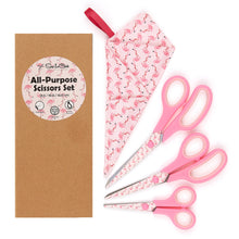 Cargar imagen en el visor de la galería, Gift Box Soft Grip Pink Flamingo Scissors Set - 3 Sizes - Handmade Fabric Case - All-Purpose Crafts, Office &amp; School - Stainless Steel

