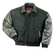Charger l&#39;image dans la galerie, REED men&#39;s leather varsity bomber jacket with wool body and leather sleeves, crafted in USA, shown in classic black with collar.

