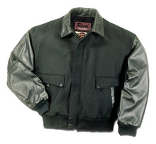 Charger l&#39;image dans la galerie, REED men&#39;s leather varsity bomber wool leather jacket, made in USA, mid-weight design, top-grain leather sleeves, classic style.
