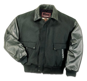REED men's leather varsity bomber wool leather jacket, made in USA, mid-weight design, top-grain leather sleeves, classic style.