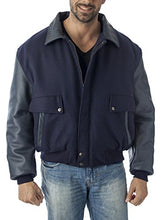 Charger l&#39;image dans la galerie, Men&#39;s navy leather varsity bomber jacket by REED with top-grain leather sleeves, crafted in USA, providing a stylish, timeless look.
