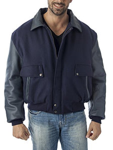 Men's navy leather varsity bomber jacket by REED with top-grain leather sleeves, crafted in USA, providing a stylish, timeless look.