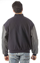 Charger l&#39;image dans la galerie, Back view of REED Varsity Leather/Wool Jacket, black with leather sleeves, made in USA, showing relaxed fit and quality craftsmanship.
