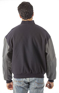 Back view of REED Varsity Leather/Wool Jacket, black with leather sleeves, made in USA, showing relaxed fit and quality craftsmanship.