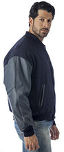Charger l&#39;image dans la galerie, REED Varsity Leather/Wool Jacket, relaxed fit with quilted lining, shown on model, made in USA.
