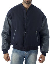 Charger l&#39;image dans la galerie, REED Varsity Leather Wool Jacket Made in USA - Navy, Leather Sleeves, Quilted Lining
