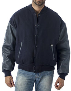 REED Varsity Leather Wool Jacket Made in USA - Navy, Leather Sleeves, Quilted Lining