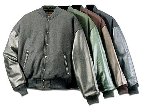 REED Varsity Leather/Wool Jackets with quilted lining, various colors, made in USA, featuring relaxed fit and leather sleeves.