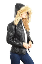 Charger l&#39;image dans la galerie, REED women&#39;s faux fur leather jacket with zip-out hood, quilted pattern, and detachable hood for a stylish winter look.
