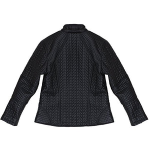 Back view of REED Women's Designer Faux Fur Leather Jacket with quilted pattern and zip-out hood, showcasing imported style and comfort.