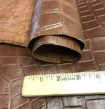 Load image into Gallery viewer, REED leather hide with crocodile texture, soft brown sheepskin, 7 to 10 SF, shown with measuring ruler for scale.
