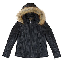 Charger l&#39;image dans la galerie, REED Women&#39;s Designer Faux Fur Leather Jacket with Zip Out Hood, Quilted Pattern, Black
