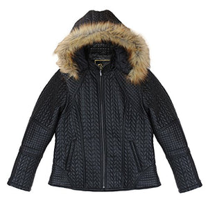 REED Women's Designer Faux Fur Leather Jacket with Zip Out Hood, Quilted Pattern, Black
