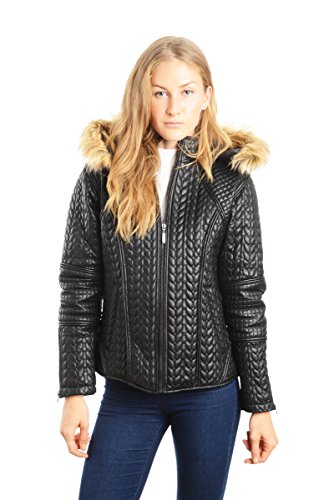 REED Women's Designer Faux Fur Leather Jacket with Detachable Hood, Quilted Pattern, Black, Stylish and Versatile, Model Wearing Coat