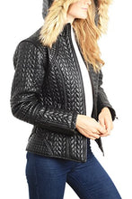 Charger l&#39;image dans la galerie, REED Women&#39;s Designer Faux Fur Leather Jacket with Quilted Pattern and Zip-Out Hood
