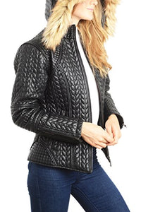REED Women's Designer Faux Fur Leather Jacket with Quilted Pattern and Zip-Out Hood